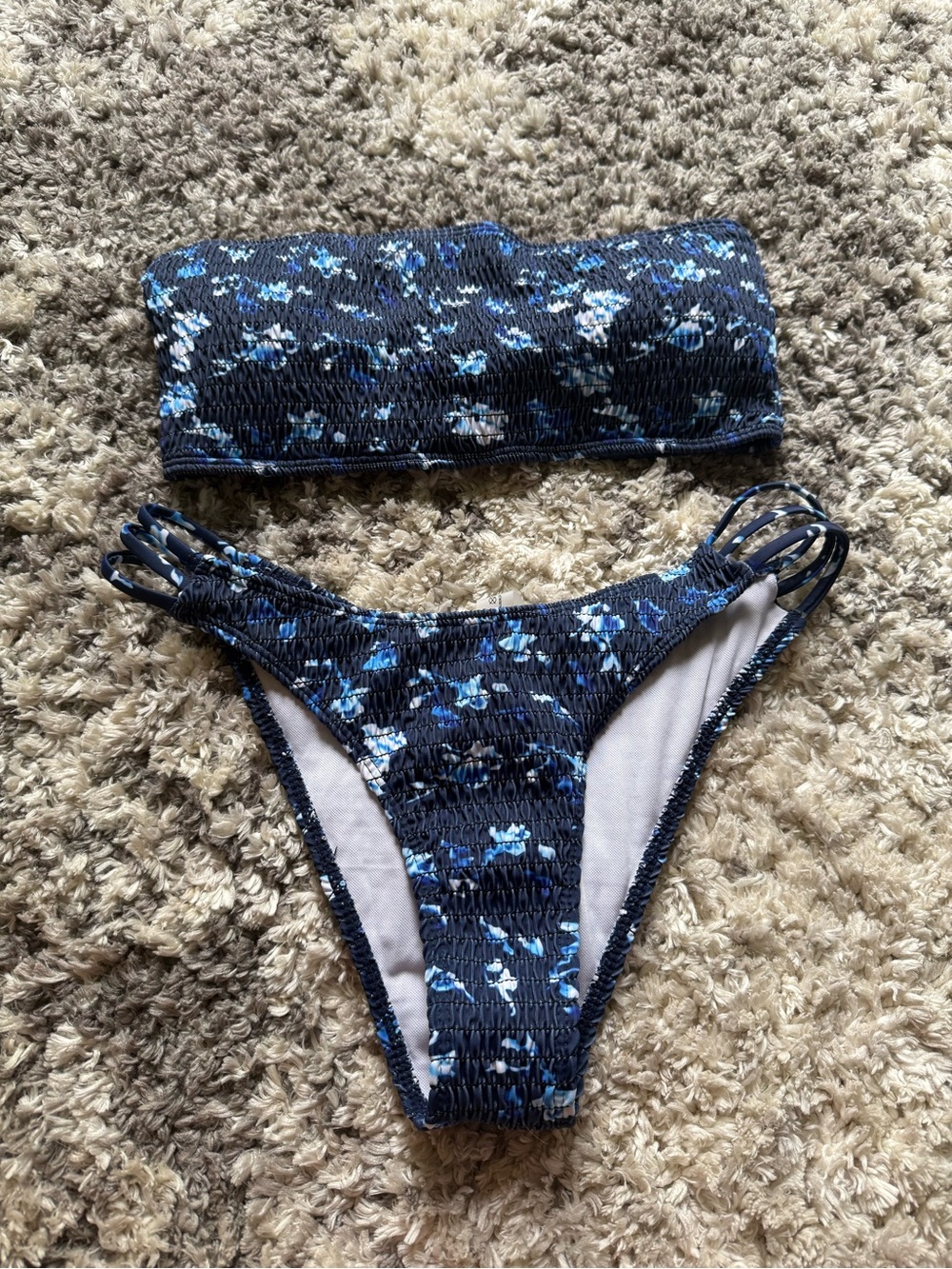 SHEIN Navy Blue Floral Smocked Bandeau Bikini Set